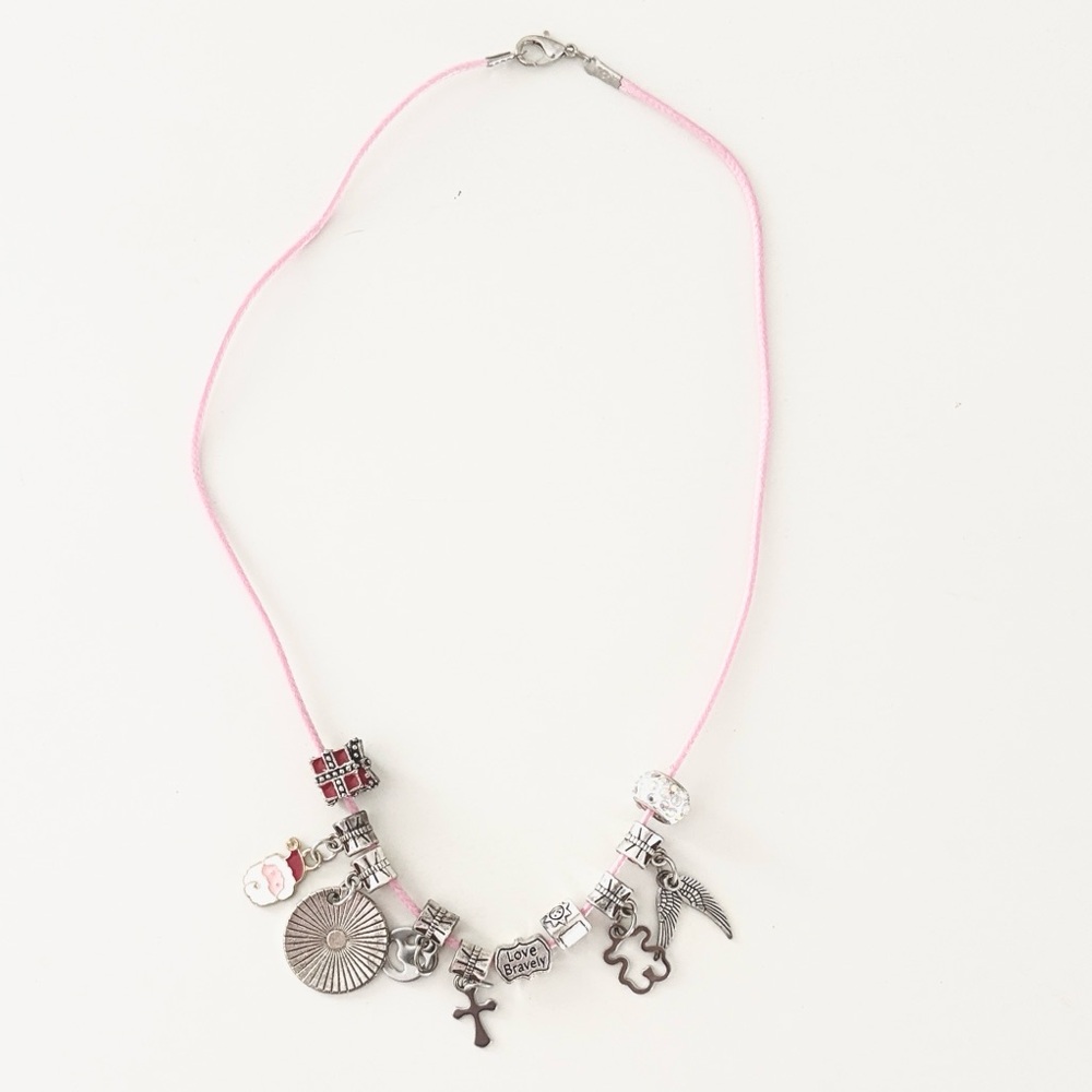 Petal Pink Cord Necklace with 10 Super Cute Silver Charms, Love Bravely Engraved